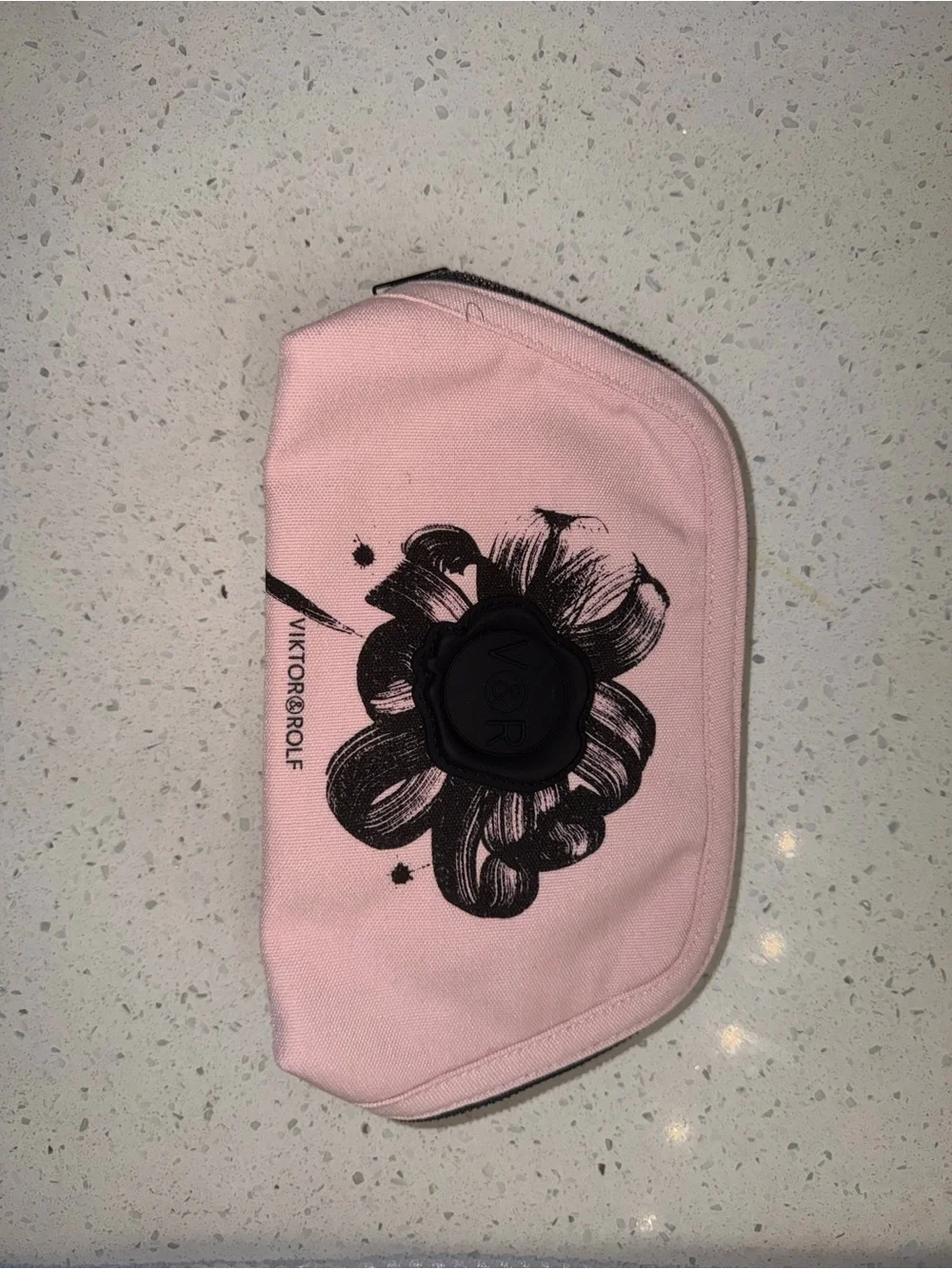 Viktor & Rolf Pink Canvas Pouch with Black Floral Emblem